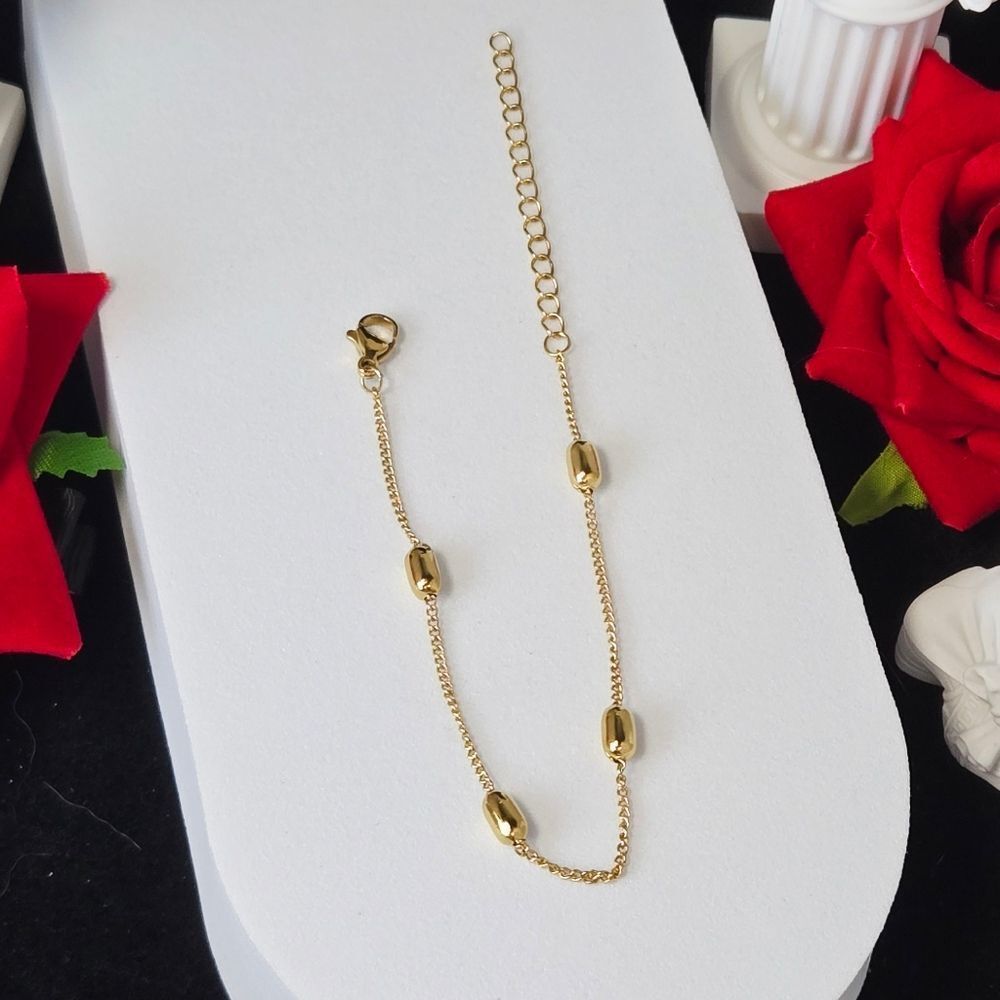 Gold Satellite Chain Bracelet Station Beaded Oval Link Adjustable Minimalist
